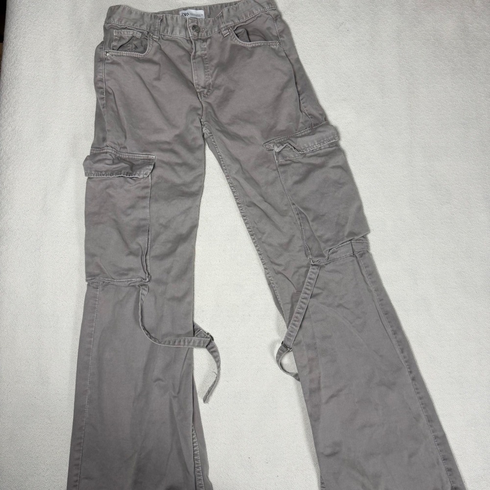 Zara Womens Gray Cargo Pants Straight Leg D-Ring Strap Utility Trousers Size 2